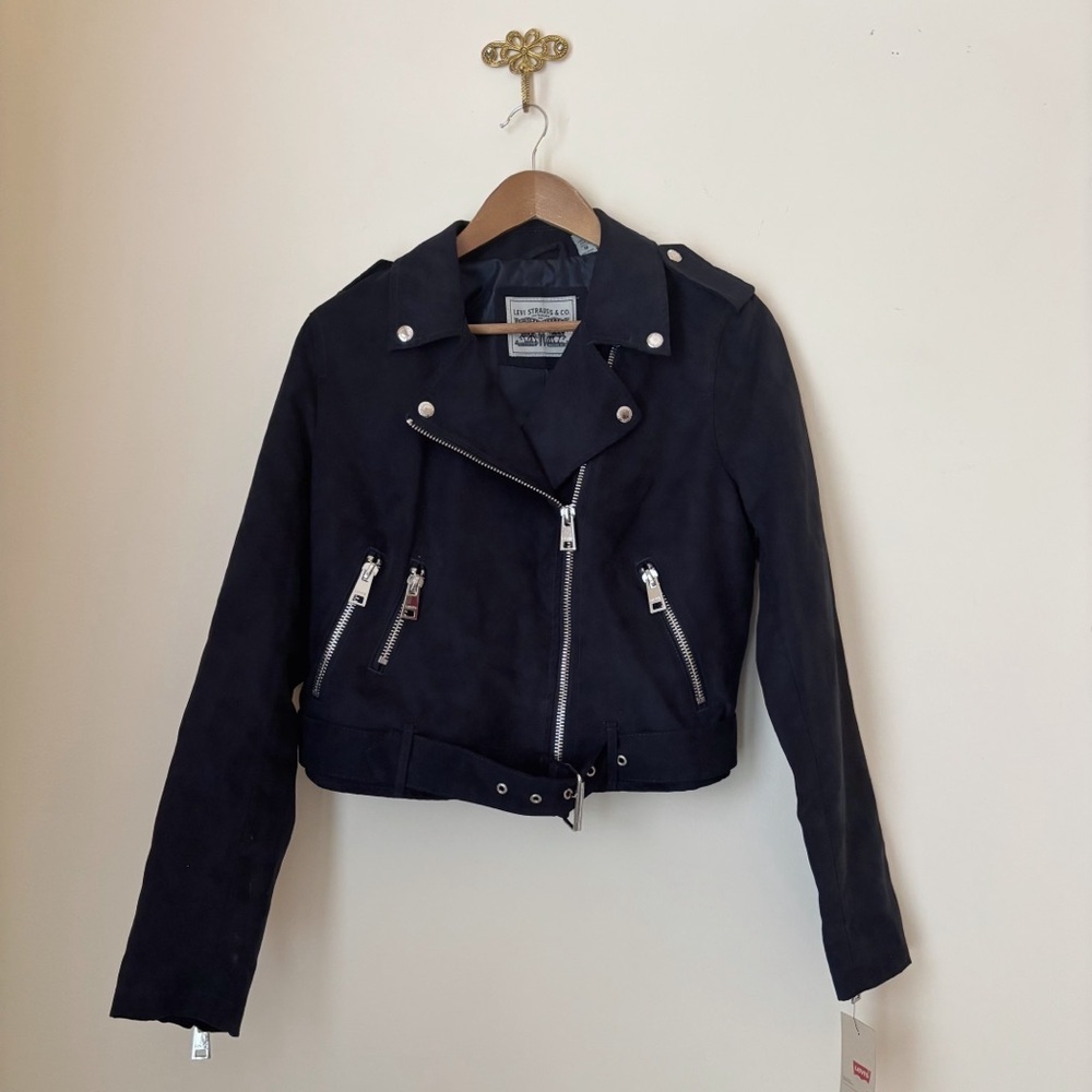 Levi's Navy Blue Faux Suede Cropped Moto Zip Jacket Medium NEW NWT